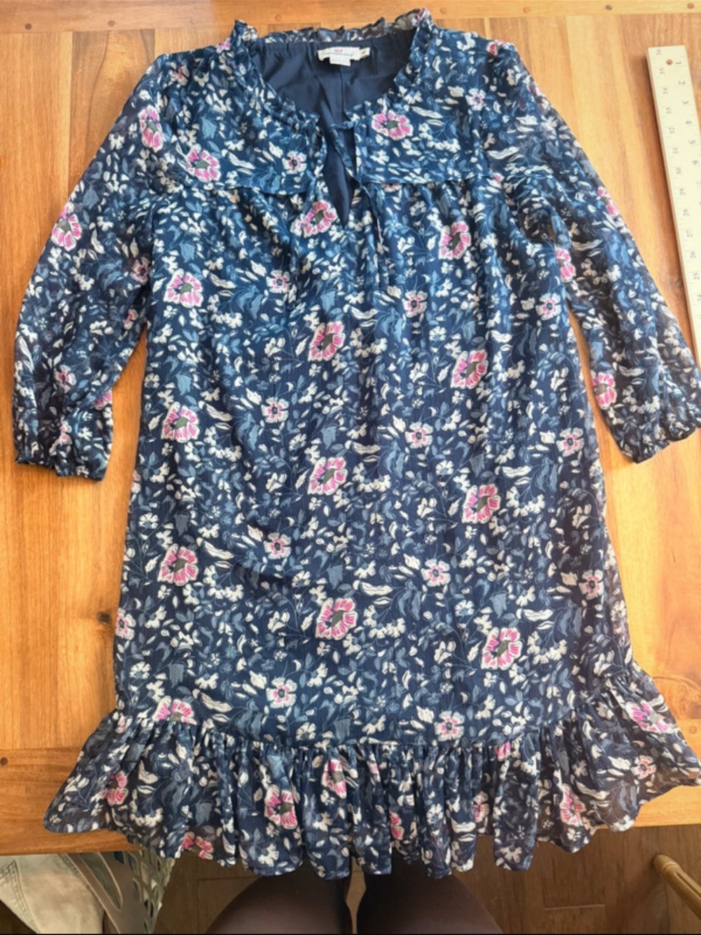 Vineyard Vines Navy Floral Ruffle-Hem Dress with Pink Accents